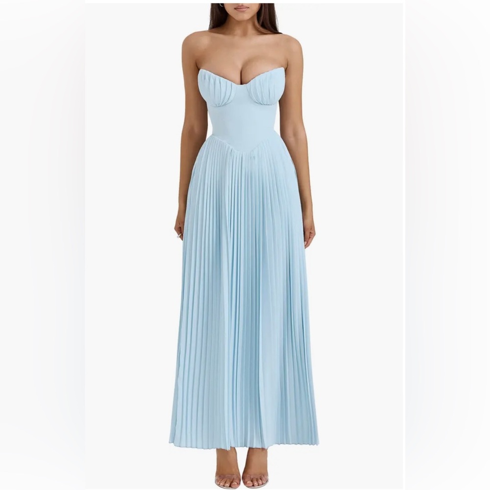 House of CB Blue Pleated Sweetheart Maxi Dress